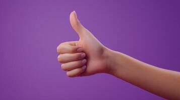 Hand Gesturing Thumbs Up on a Purple Background photo