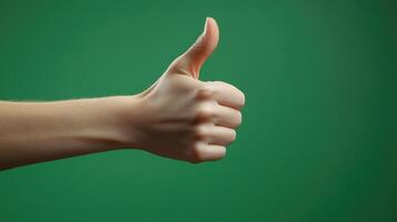 Hand Gesturing Thumbs Up Against Green Background photo