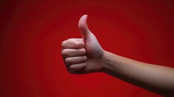A Hand Giving a Thumbs Up Gesture Against a Red Background photo