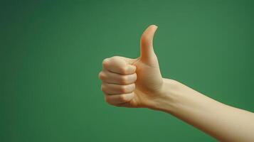 A Hand Gesturing Thumbs Up Against a Green Background photo
