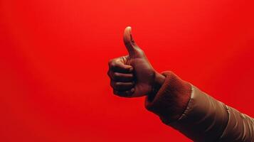 A Person's Hand Giving a Thumbs Up in Front of a Red Background photo