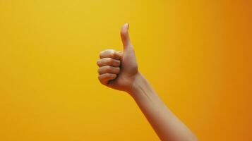 Hand Gesturing Thumbs Up Against a Yellow Background photo