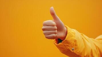 Hand Gesturing Thumbs Up in Yellow Jacket photo
