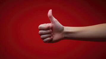 A Hand Giving a Thumbs Up Gesture Against a Red Background photo