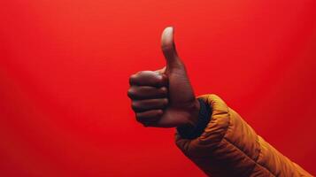 Hand with Thumbs Up Against Red Background photo