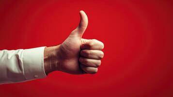 Close-up of a Hand Giving a Thumbs Up Gesture Against a Red Background photo