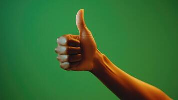 A Hand Giving a Thumbs Up Gesture Against a Green Background photo