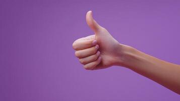 Hand Gesturing Thumbs Up Against Purple Background photo