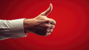 A Close-Up of a Hand Giving a Thumbs Up Gesture Against a Red Background photo