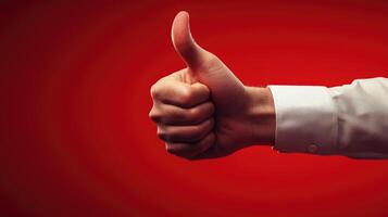 Hand Gesturing Thumbs Up Against Red Background photo