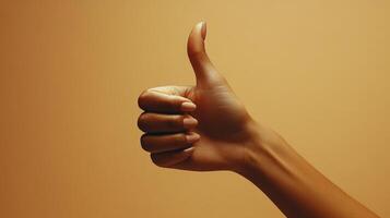 A Hand Giving a Thumbs-Up Gesture Against a Light Brown Background photo