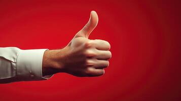 A Man's Hand Giving a Thumbs Up Gesture Against a Red Background photo