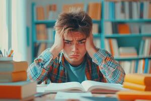 A Young Man Feels Overwhelmed by His Studies in a Library photo