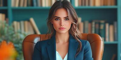 Woman in Blue Blazer Looking Directly at the Camera, Sitting in a Leather Chair photo