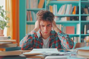 Young Man with Headache Stressed by Studies Surrounded by Books photo