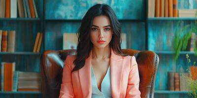 Portrait of a Young Woman in a Pink Blazer, Sitting in a Leather Chair photo