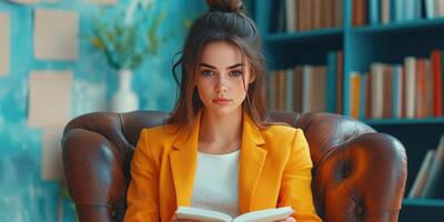 Woman in a Yellow Blazer Reading a Book in a Leather Armchair photo
