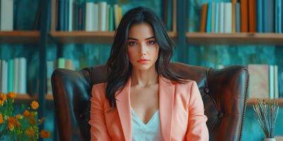 Woman in Peach Blazer Sitting in Leather Chair Against Bookshelf photo
