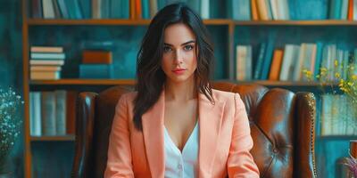 Woman in a Pink Blazer Sitting in a Leather Chair photo