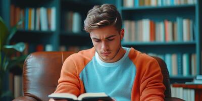 Young Man Reading a Book in a Leather Armchair photo