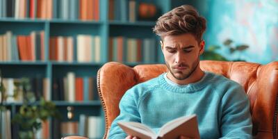 Young man in a blue sweater reading a book in a leather armchair photo
