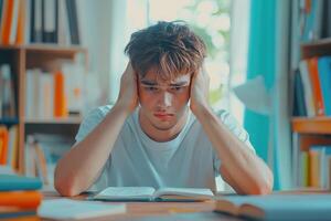 Young Man Feeling Overwhelmed by School Work photo