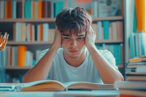Young Man Feeling Overwhelmed While Studying in a Library photo