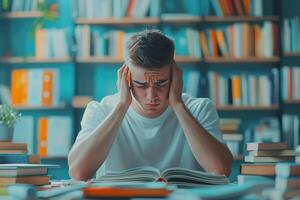 Young Man Experiencing Stress and Exhaustion While Studying photo