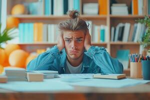 Frustrated Young Man Covering Ears While Sitting at a Desk with Books photo