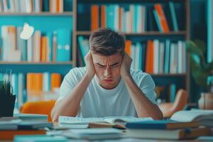 A young man experiencing stress while studying in a library photo