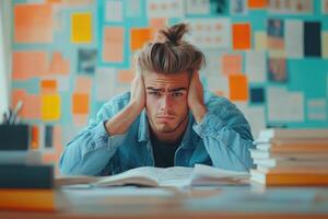 Frustrated Young Man Studying at a Desk with Notes and Books photo