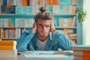 Young Man Feeling Overwhelmed by Studies in a Library photo