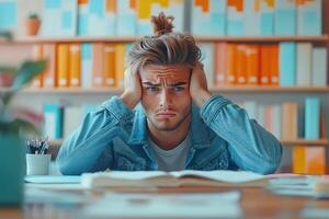 Frustrated Young Man Leaning on a Desk with Open Book photo