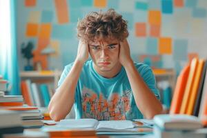 Young Man Feeling Overwhelmed by Studying at Home photo