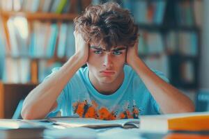 Frustrated Young Man with Curly Hair Studying at a Desk photo
