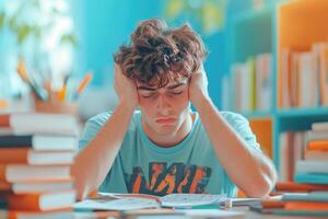 Frustrated Teenage Boy Studying at a Desk with Books photo