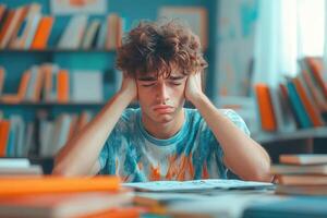 A Young Man Covering His Ears While Sitting at a Desk Surrounded by Books photo