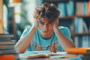 Frustrated Young Man Studying with Books photo