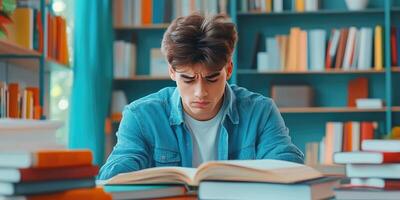 Young Man Studying in a Library with Stacks of Books photo