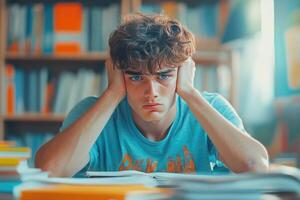 Young Man with Worried Expression Studying in a Library photo
