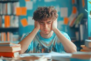 Stressed Young Man Covering His Ears With His Hands While Surrounded By Books photo