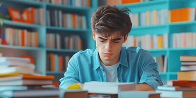 A Young Man Concentrates on His Studies Amidst a Stack of Books photo