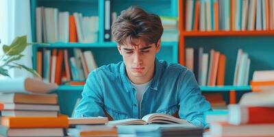Young man studying in a library surrounded by books photo