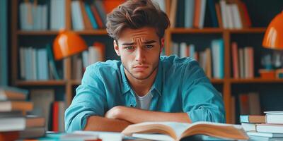 Young Man Studying in a Library with a Book Open in Front of Him photo
