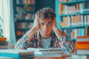 Frustrated Young Man with Hands on Head Surrounded by Books in a Library photo