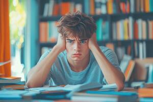 Frustrated Student with Blue Eyes in a Library Setting photo