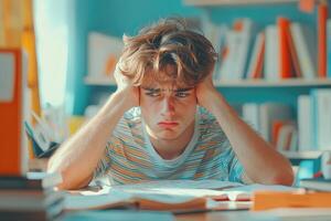 A Young Man Struggling with Homework, Showing Frustration and Stress photo