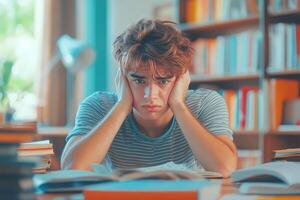 A Frustrated Young Man Studying with Books in a Library photo