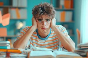 Frustrated Young Man Studying with Books in a Library photo