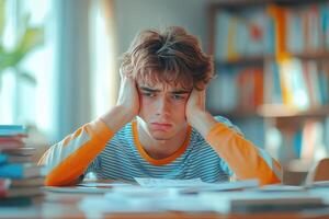 A Young Man Feeling Overwhelmed by His Studies, Sitting at a Desk with Papers and Books Scattered Around Him photo